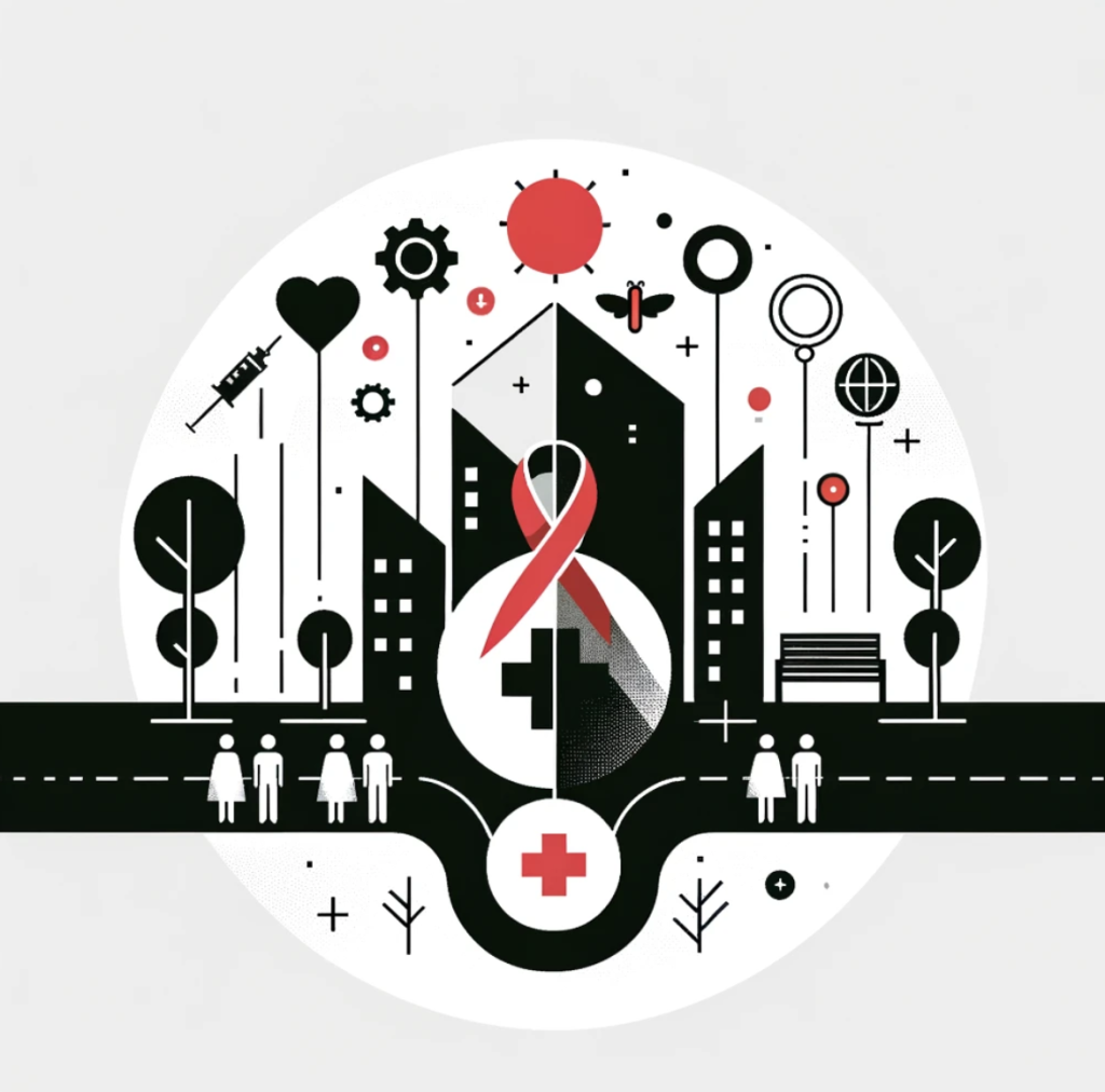 Vector graphic in minimalist style highlighting the critical role of public health in disease prevention and community health enhancement